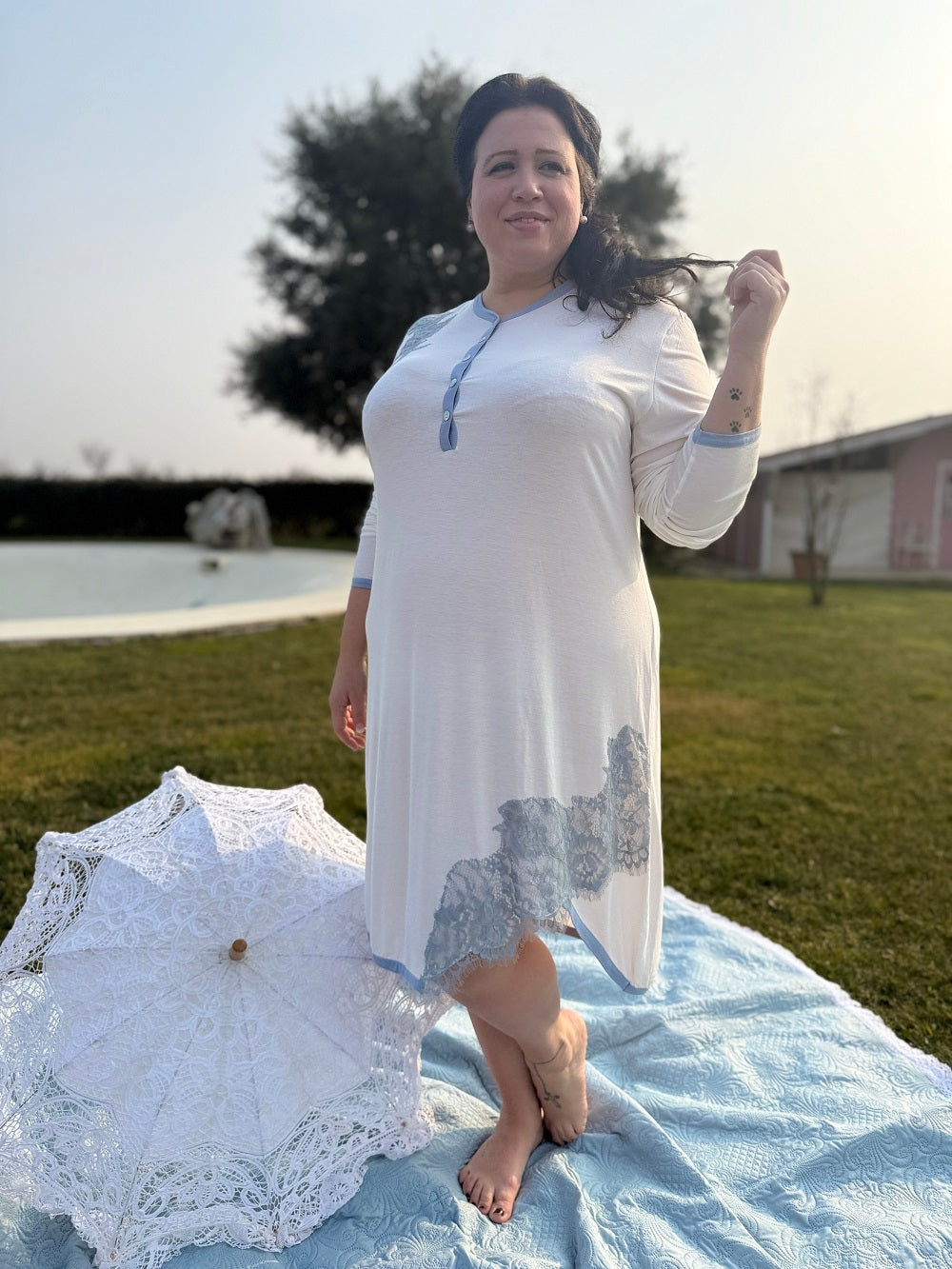 Camicia Donna Manica Lunga Inserto Pizzo