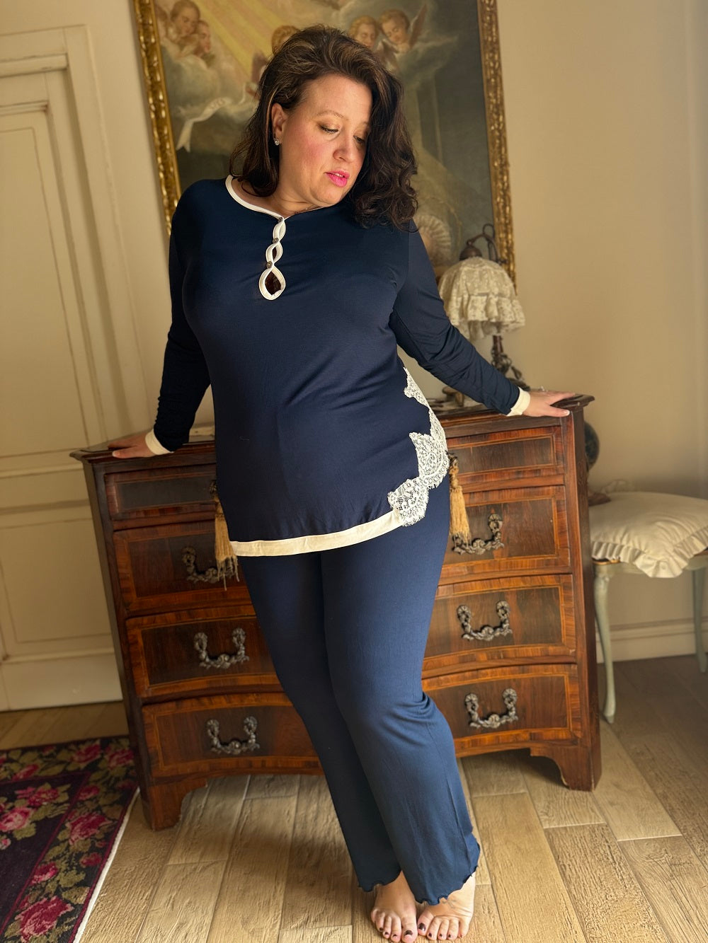 Pigiama Donna Manica Lunga Inserto Pizzo