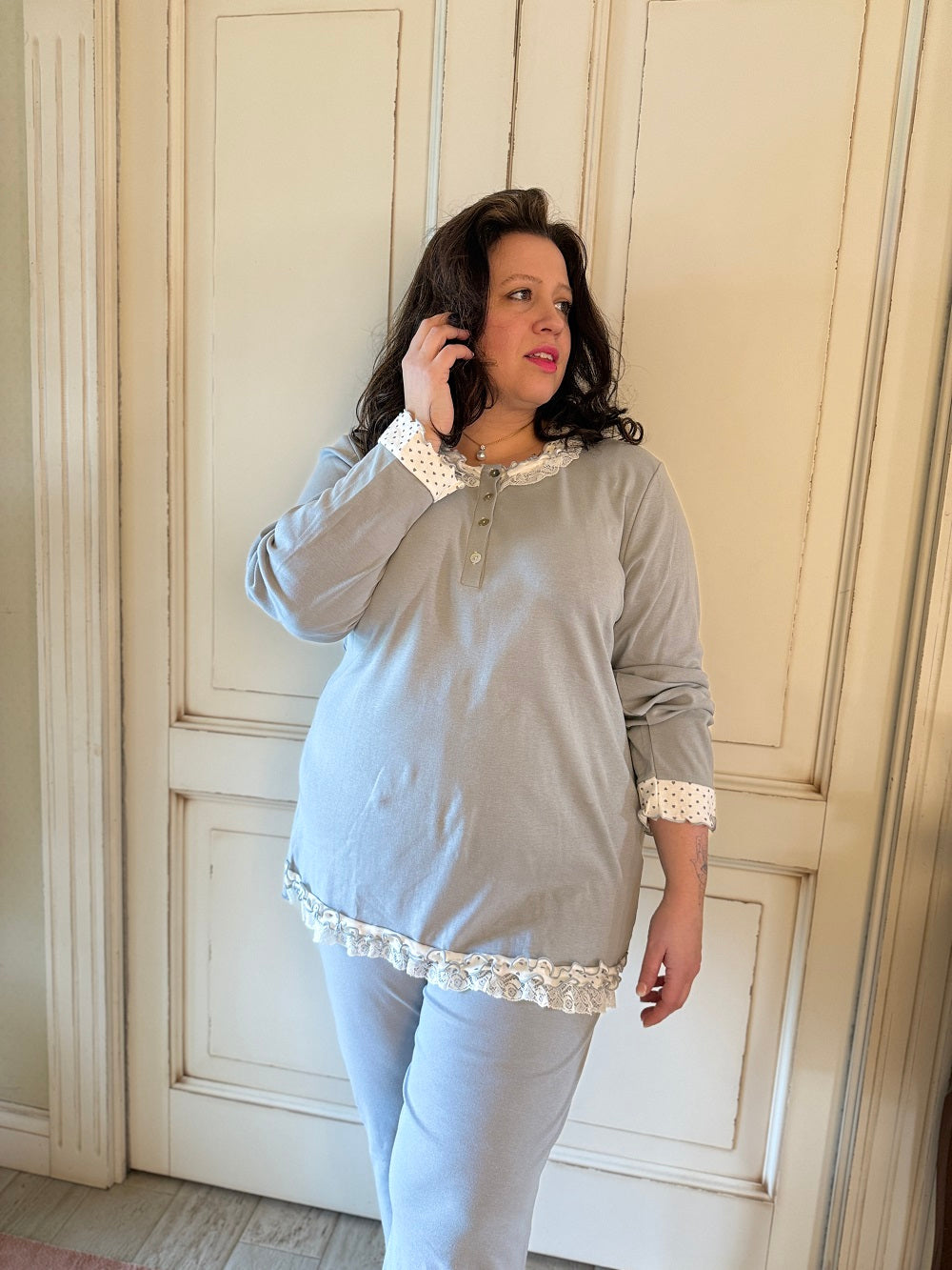 Pigiama Donna Serafino Manica Lunga Cuoricini