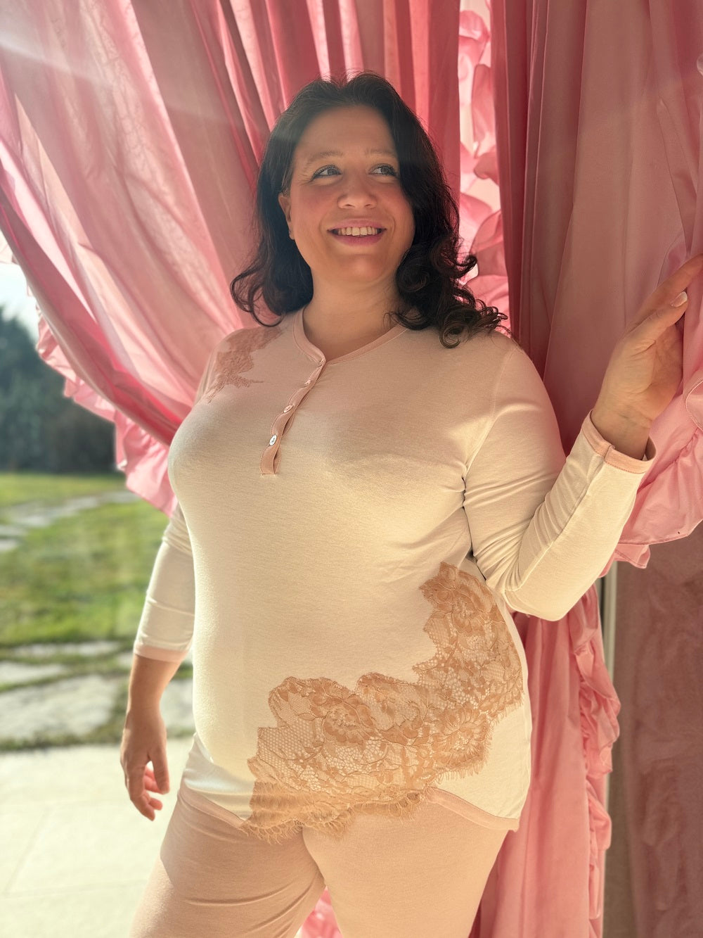 Pigiama Donna Manica Lunga Inserto Pizzo