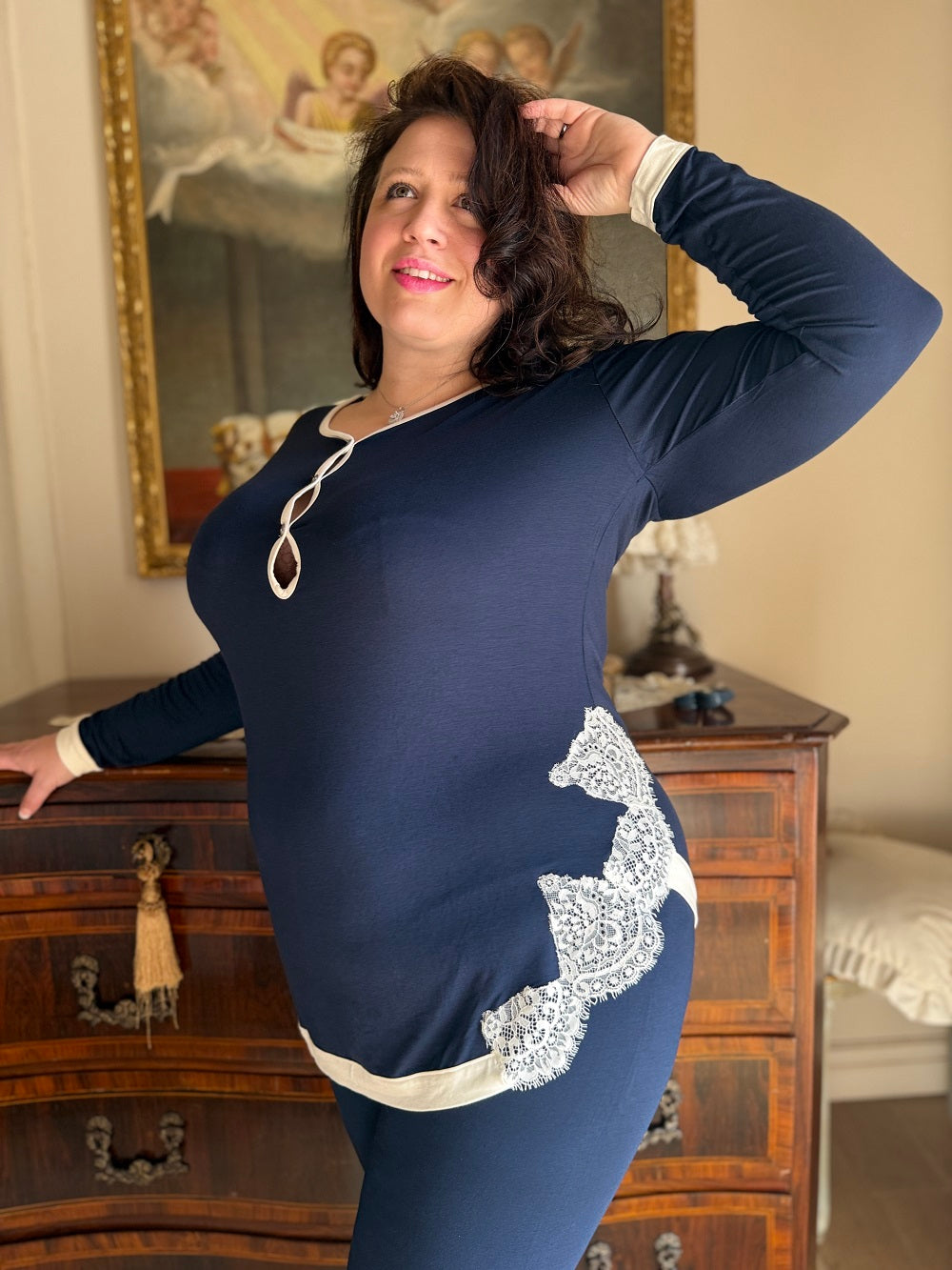 Pigiama Donna Manica Lunga Inserto Pizzo