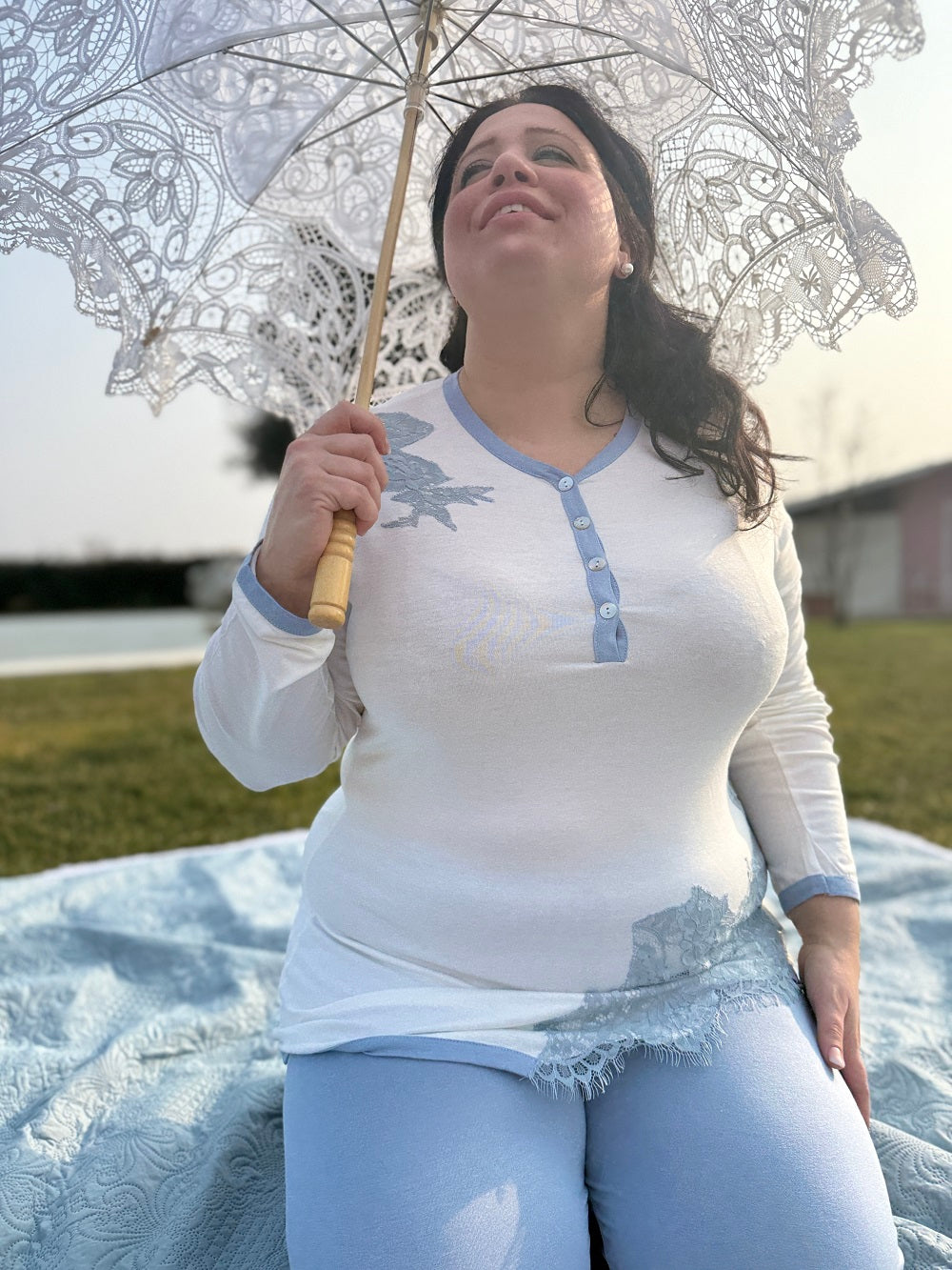 Pigiama Donna Manica Lunga Inserto Pizzo