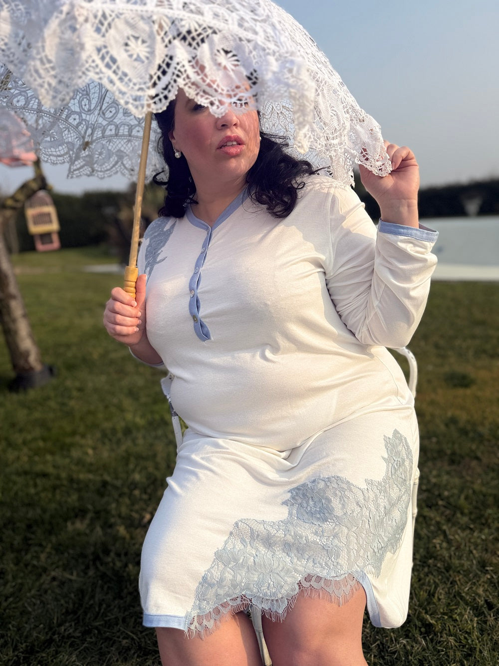 Camicia Donna Manica Lunga Inserto Pizzo