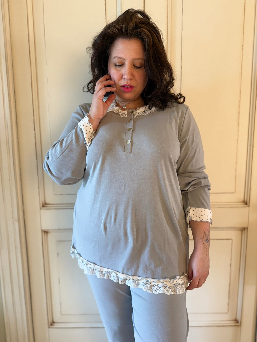 Pigiama Donna Serafino Manica Lunga Cuoricini